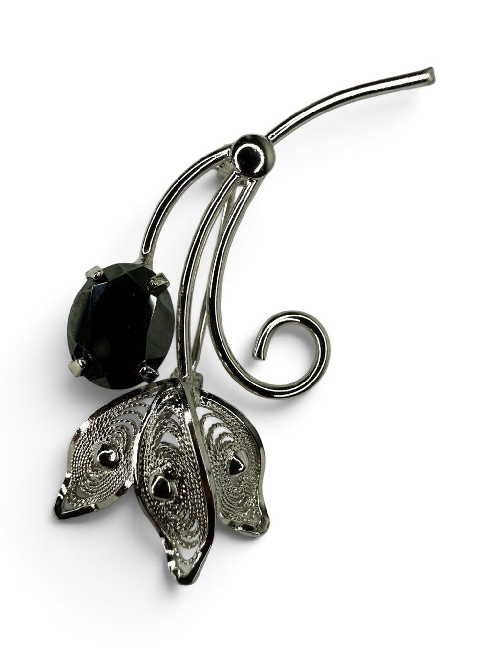 Vintage Sterling Silver Filigree Brooch With Czech Black Glass - Picture 4 of 13
